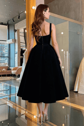 Black Velvet Dress A Line Tea Length Christmas Party Dress